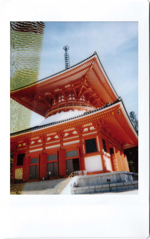 Polaroid of a red temple in Koya-san; Japan